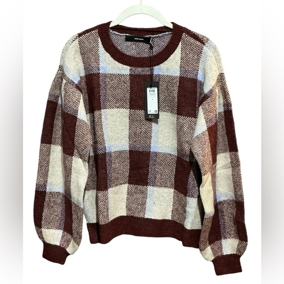 VERO MODA Buffalo Check Balloon Sleeve Sweater M 21” p2p Port Royal/Birch NWT - Picture 2 of 12